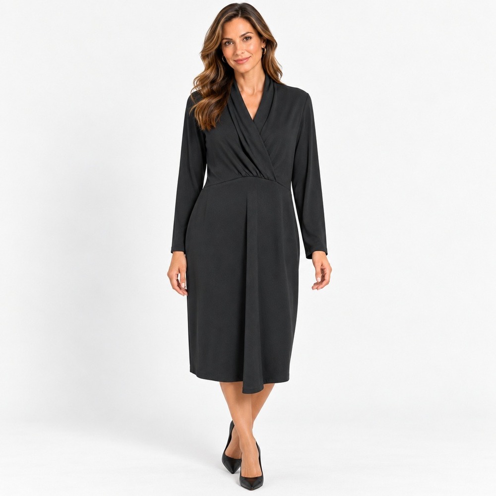 Exclusively Misook Career Dress Minimalist L Gray Long Sleeve Faux Wrap Midi L